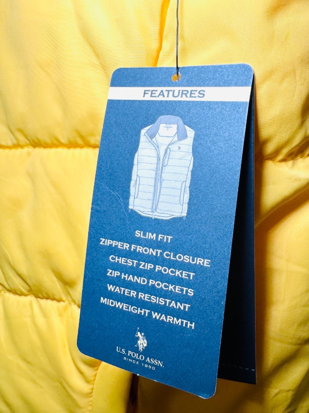 U.S. Polo Assn. Men's XL Puffer Vest Butter Yellow Quilted Midweight Zip New - Picture 4 of 12